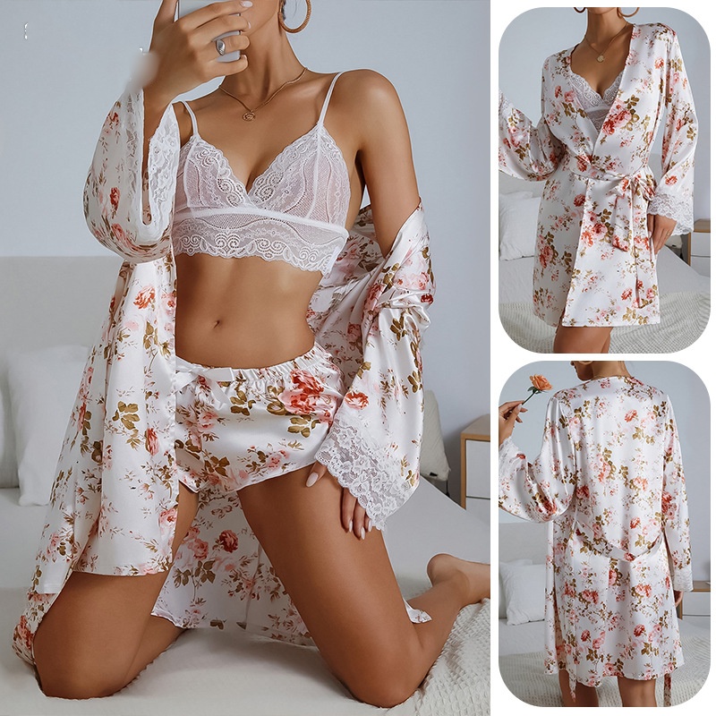 Floral Print Belted Satin Robe With Lingerie Set